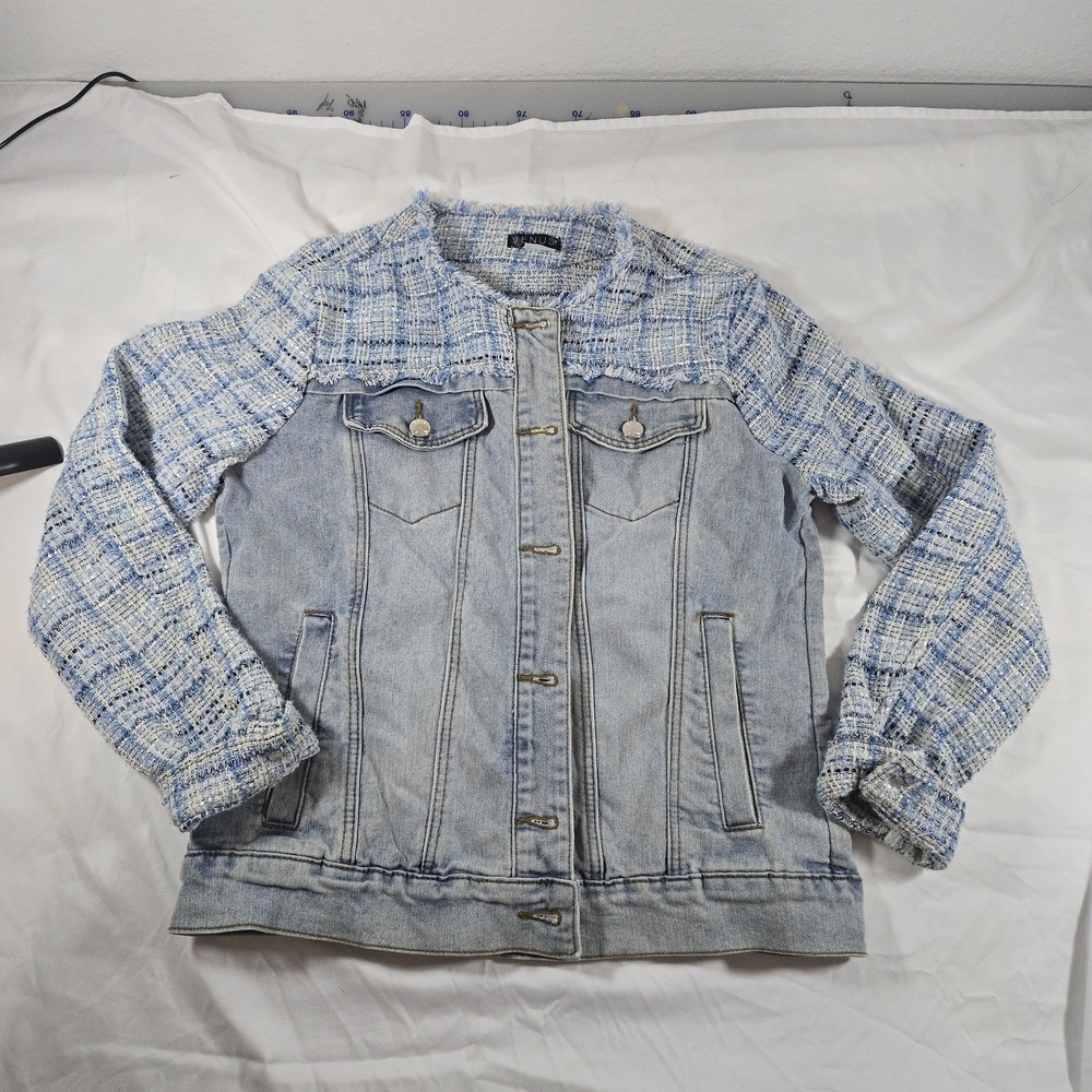 VENUS Blue Denim and Tweed Jacket Vintage Feminine Festival - Picture 4 of 13